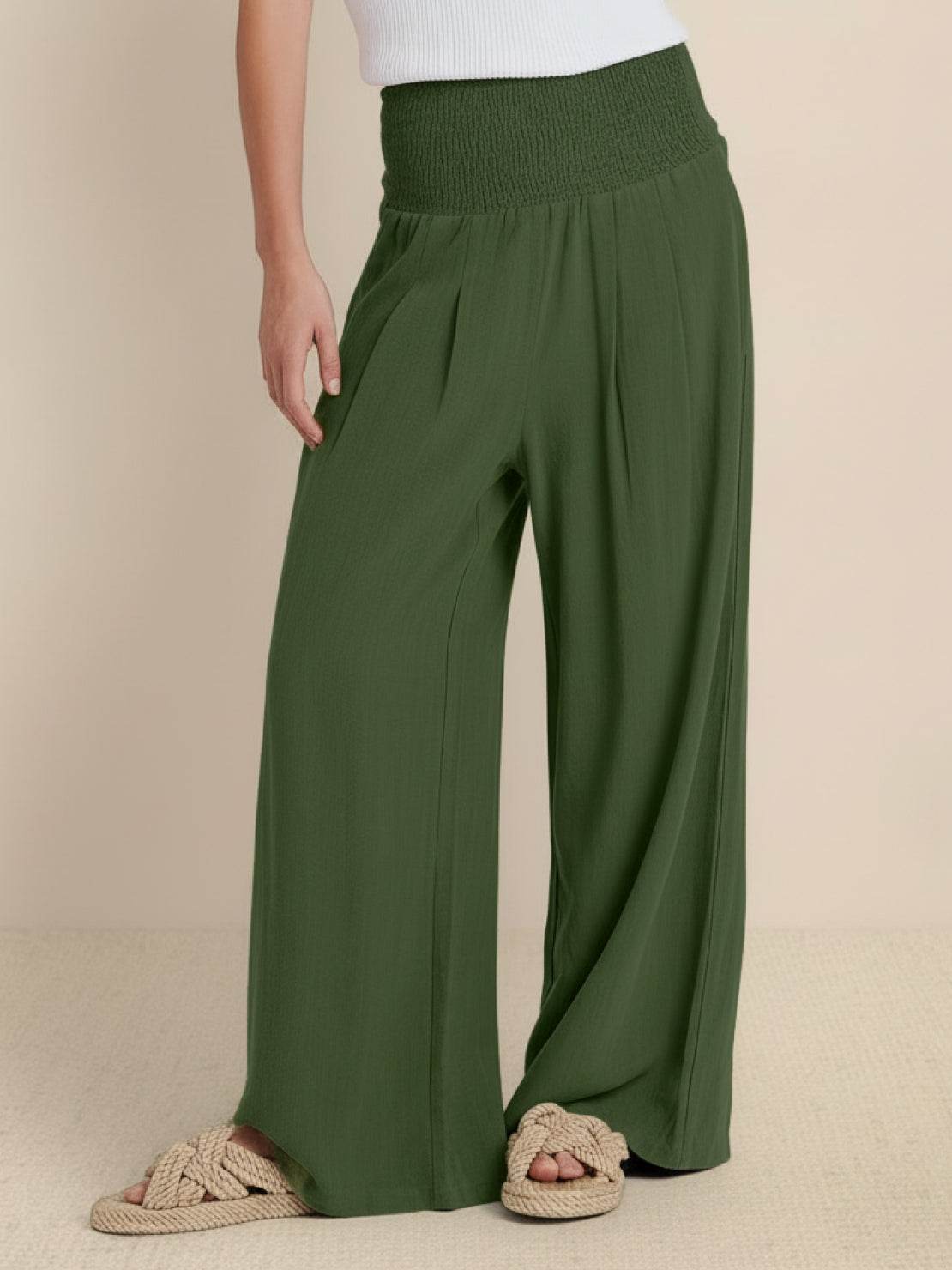 Mackenzie | Women's High Waist Wide Leg Pants Smocked Waistband