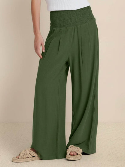Mackenzie | Women's High Waist Wide Leg Pants Smocked Waistband