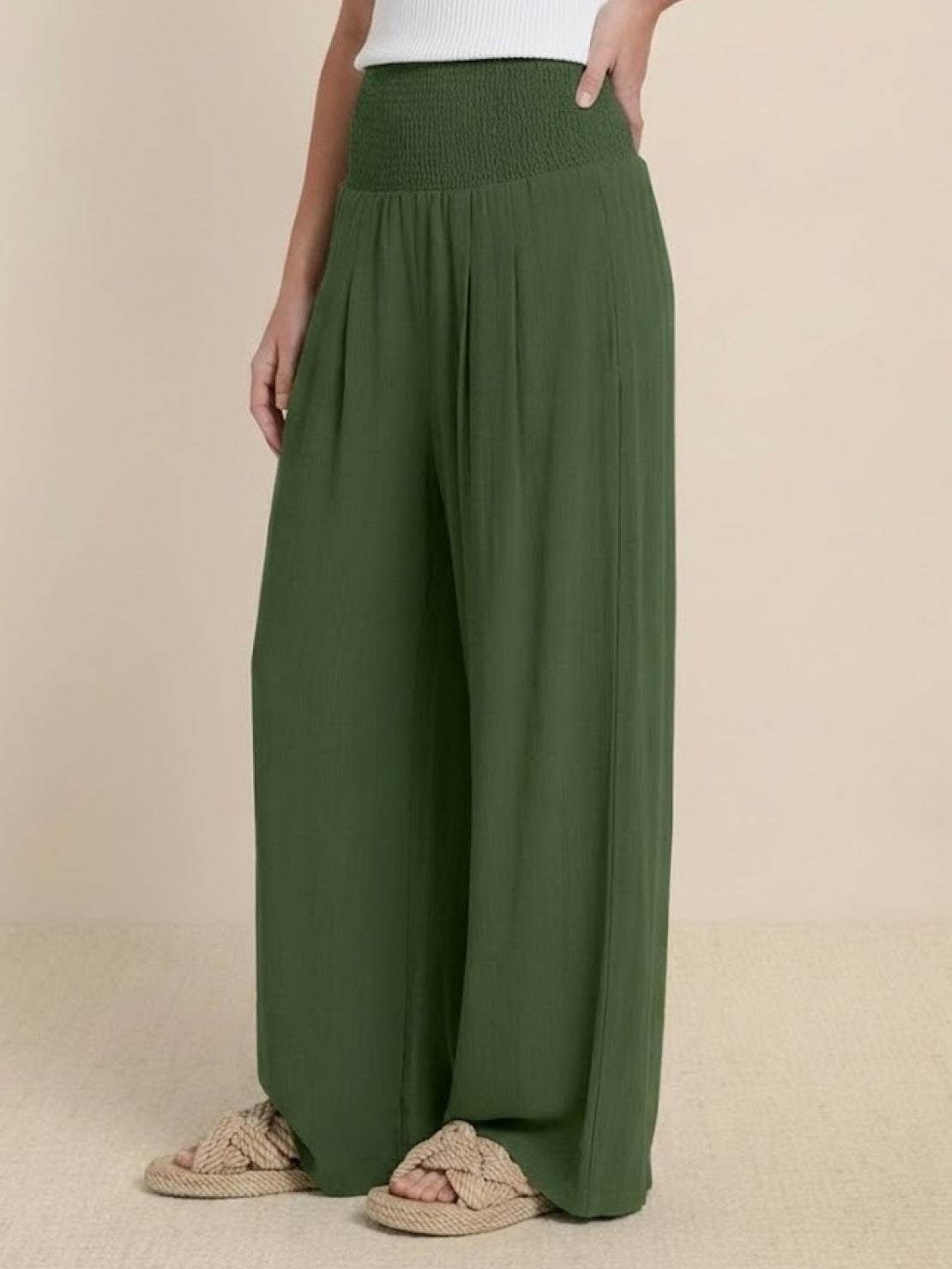 Mackenzie | Women's High Waist Wide Leg Pants Smocked Waistband