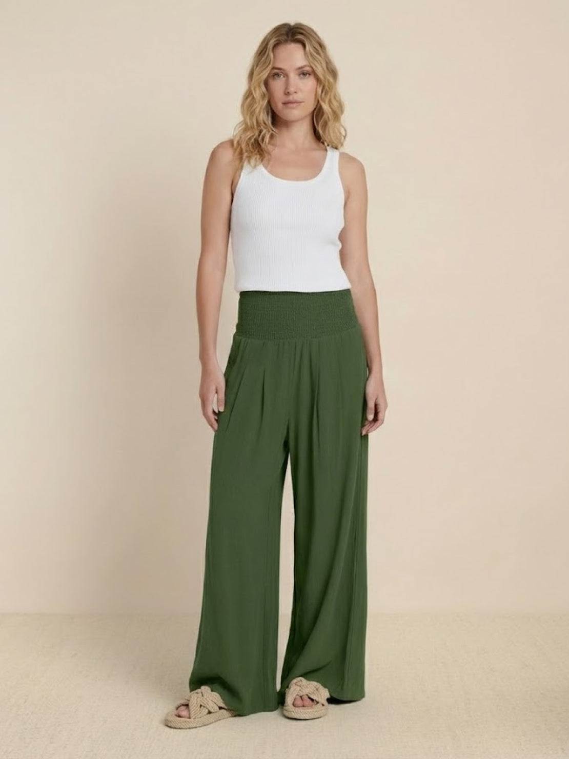 Mackenzie | Women's High Waist Wide Leg Pants Smocked Waistband