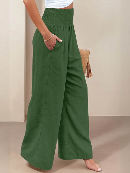 Mackenzie | Women's High Waist Wide Leg Pants Smocked Waistband