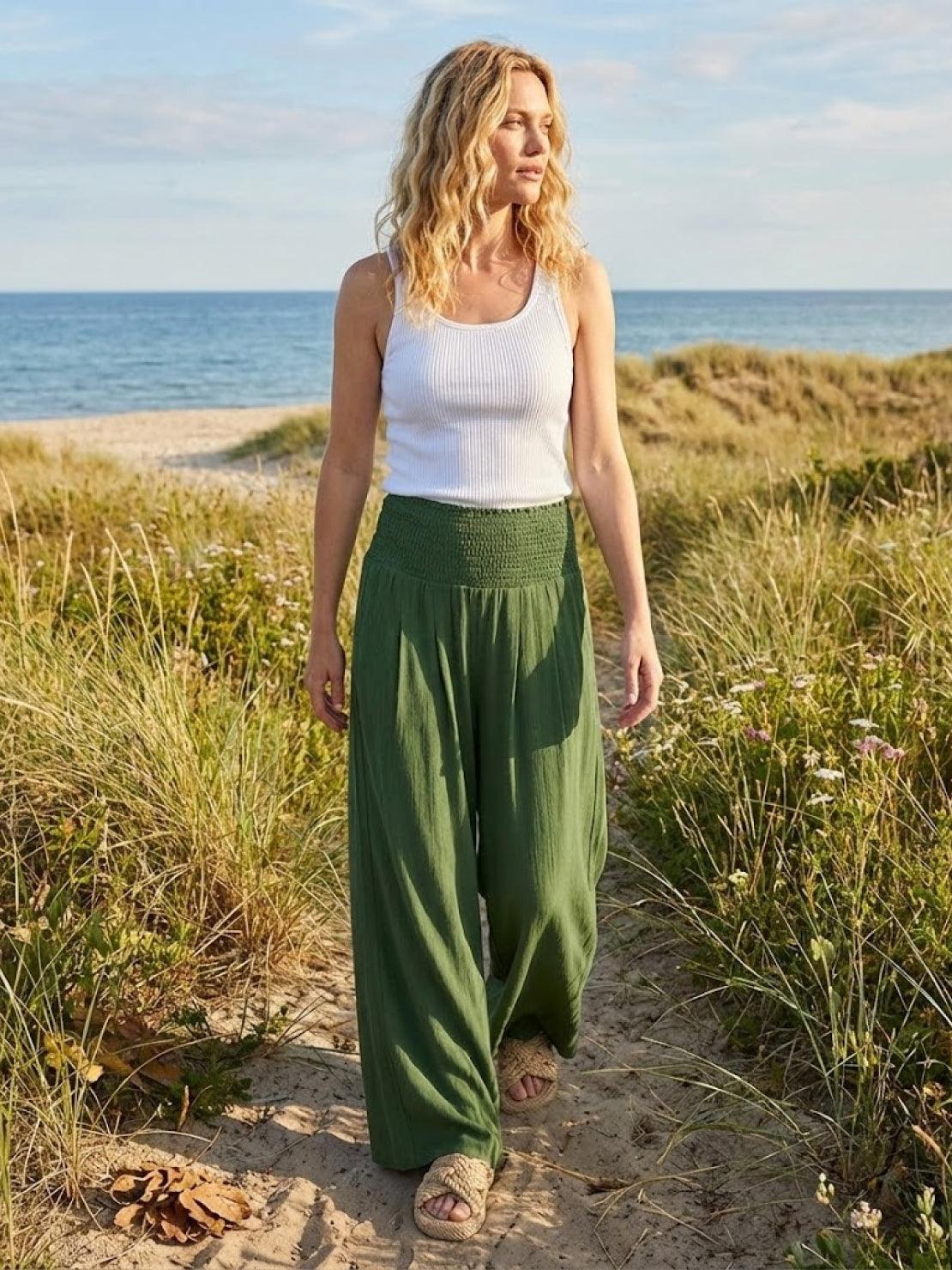 Mackenzie | Women's High Waist Wide Leg Pants Smocked Waistband