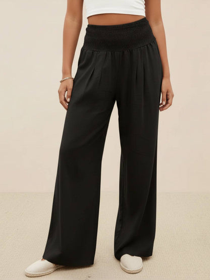 Mackenzie | Women's High Waist Wide Leg Pants Smocked Waistband