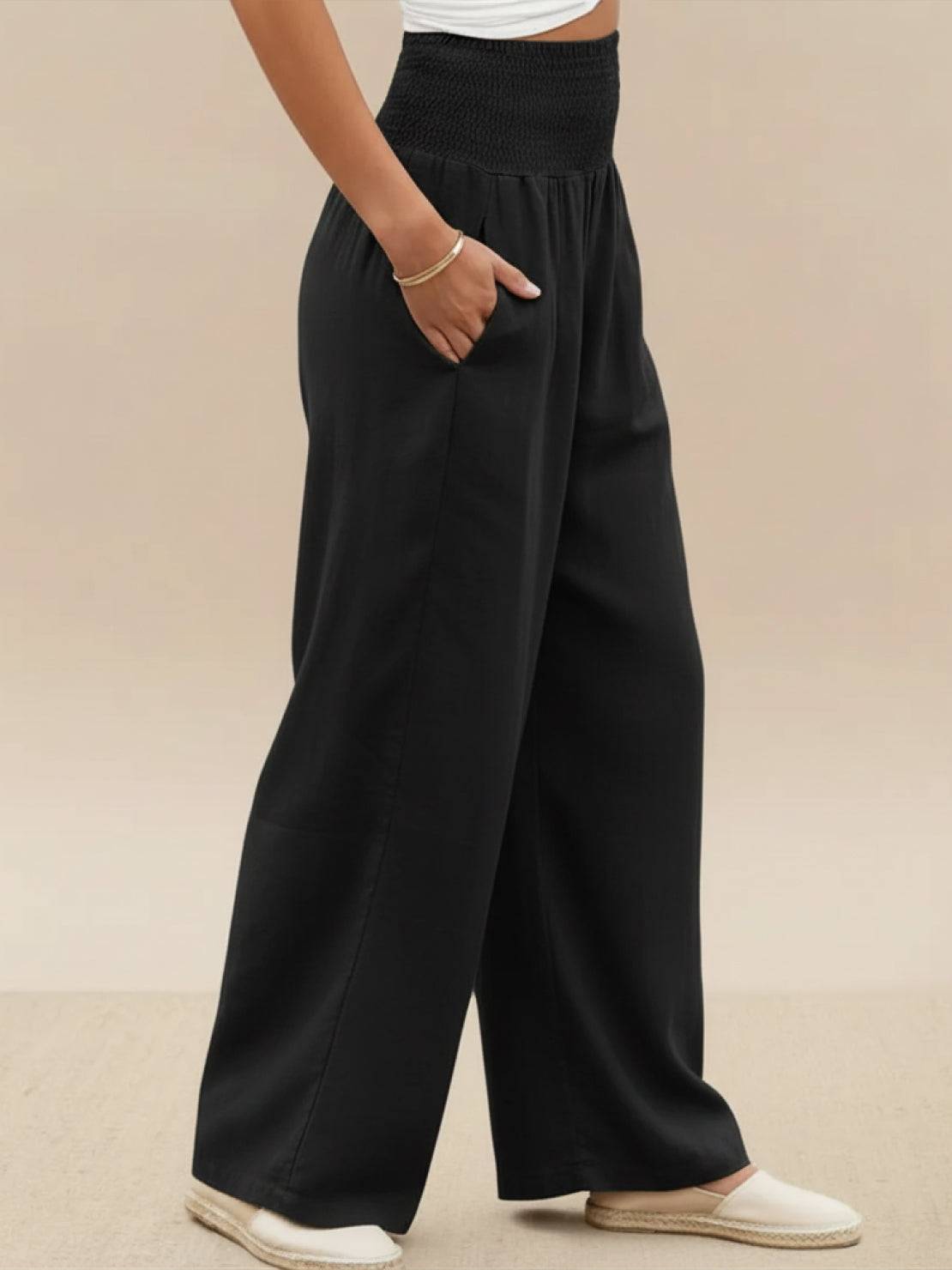 Mackenzie | Women's High Waist Wide Leg Pants Smocked Waistband