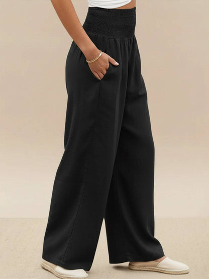 Mackenzie | Women's High Waist Wide Leg Pants Smocked Waistband
