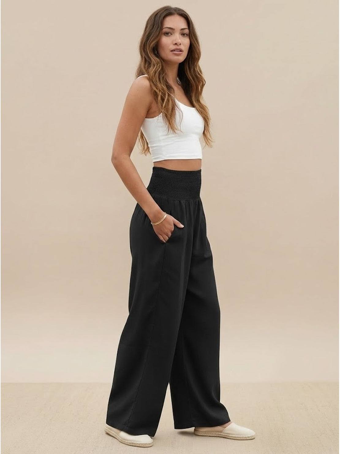 Mackenzie | Women's High Waist Wide Leg Pants Smocked Waistband