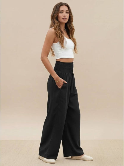 Mackenzie | Women's High Waist Wide Leg Pants Smocked Waistband