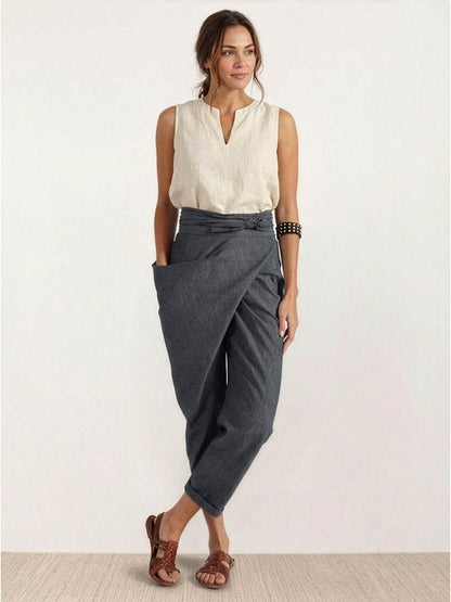 Tiffany | Women's High Waist Wrap Front Cropped Tapered Pants