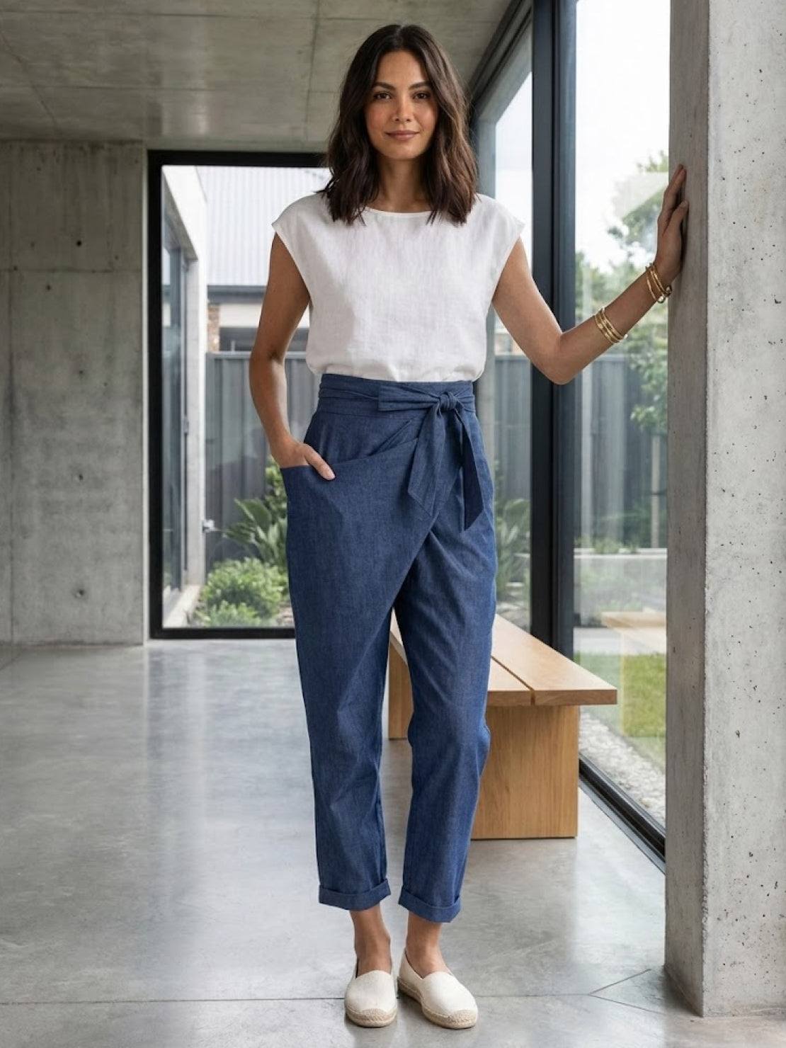 Tiffany | Women's High Waist Wrap Front Cropped Tapered Pants