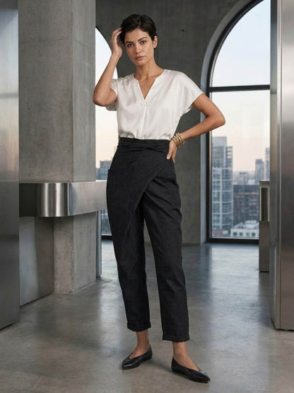 Tiffany | Women's High Waist Wrap Front Cropped Tapered Pants