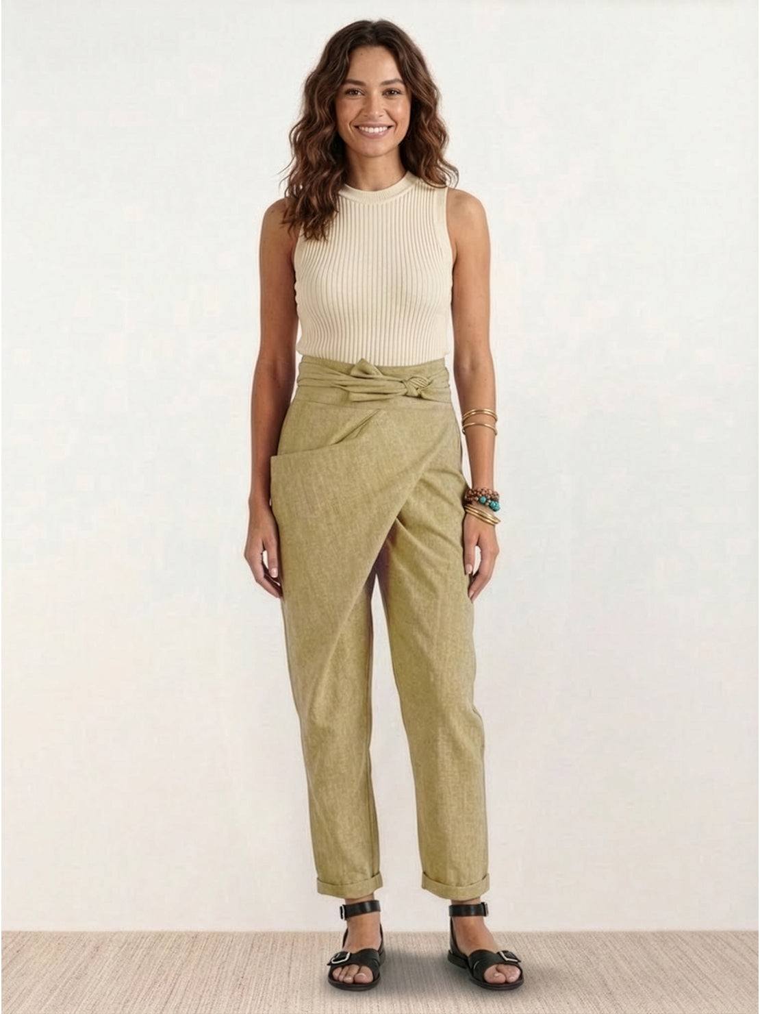Tiffany | Women's High Waist Wrap Front Cropped Tapered Pants