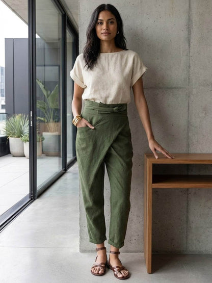 Tiffany | Women's High Waist Wrap Front Cropped Tapered Pants