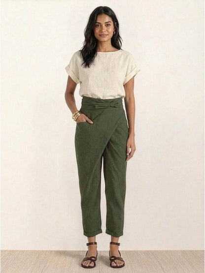 Tiffany | Women's High Waist Wrap Front Cropped Tapered Pants