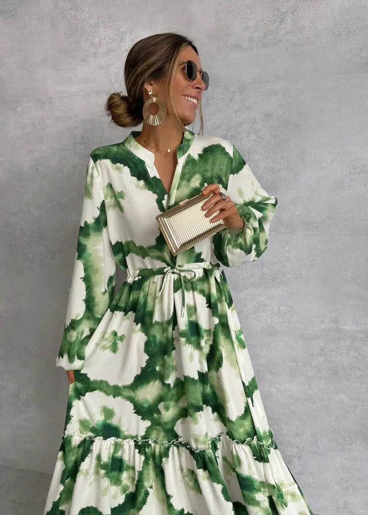 Gabriella | Women's Tie-Dye Belted Full Sleeve Tiered Maxi Dress