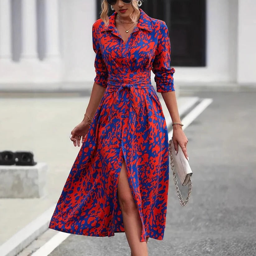 Paislee | Women's Abstract Print Button-Through Belted Midi Button-Up Dress