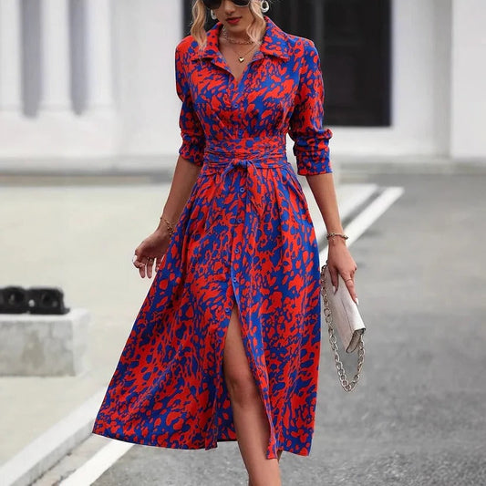 Paislee | Women's Abstract Print Button-Through Belted Midi Button-Up Dress