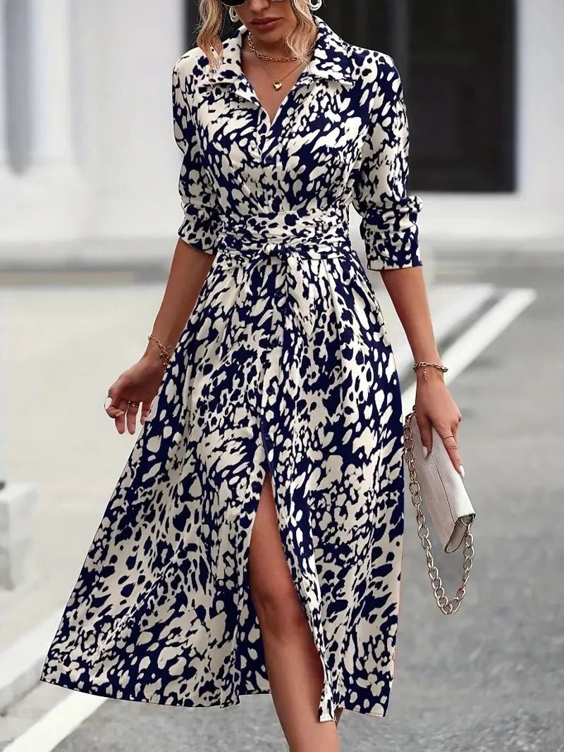 Paislee | Women's Abstract Print Button-Through Belted Midi Button-Up Dress