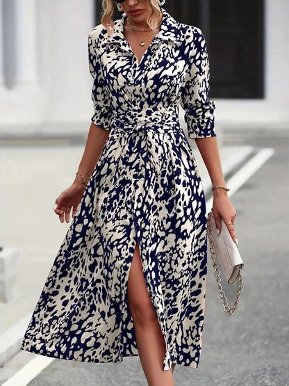 Paislee | Women's Abstract Print Button-Through Belted Midi Button-Up Dress