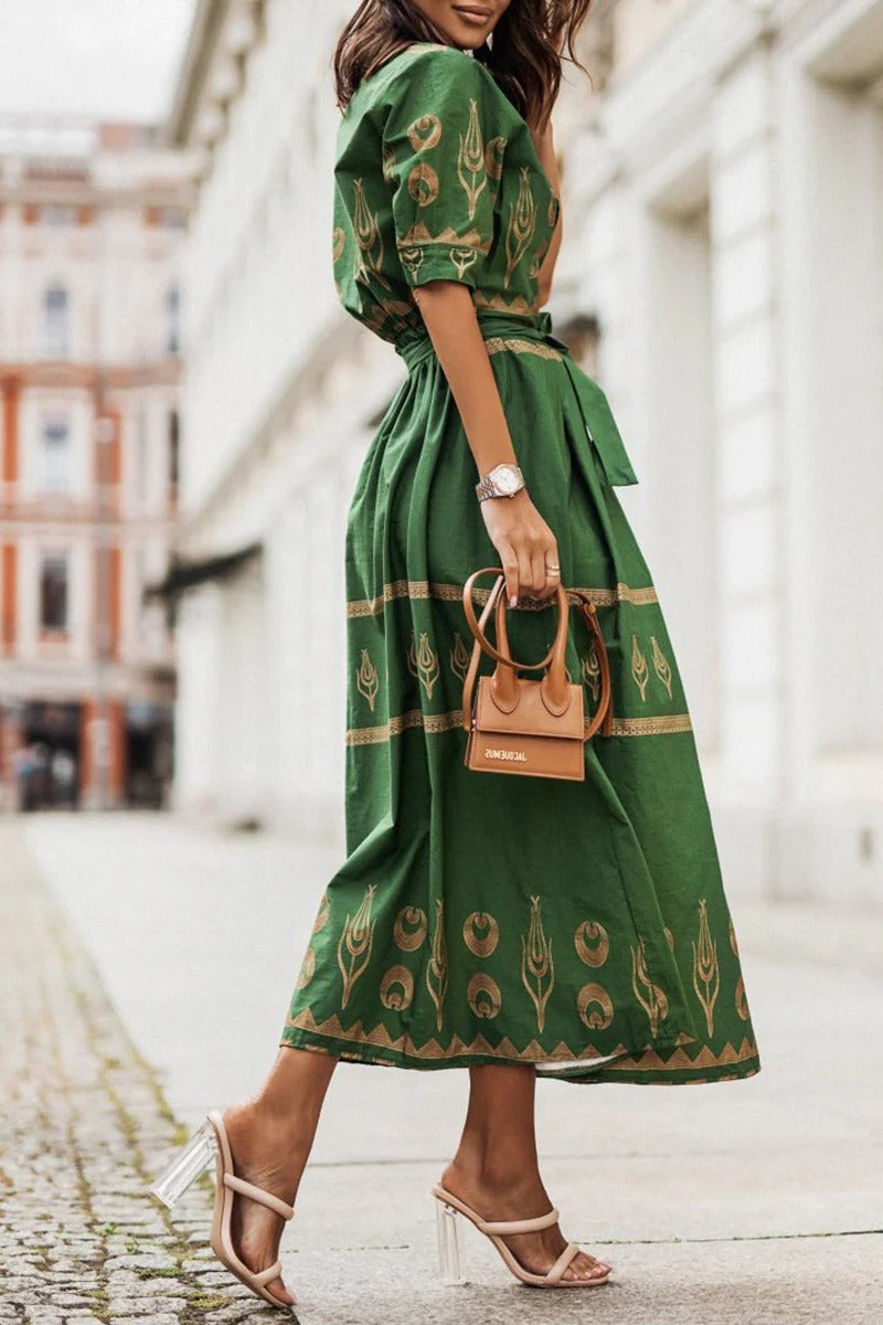 Kayla | Women's Bohemian Print Belted Mid-Length Dress