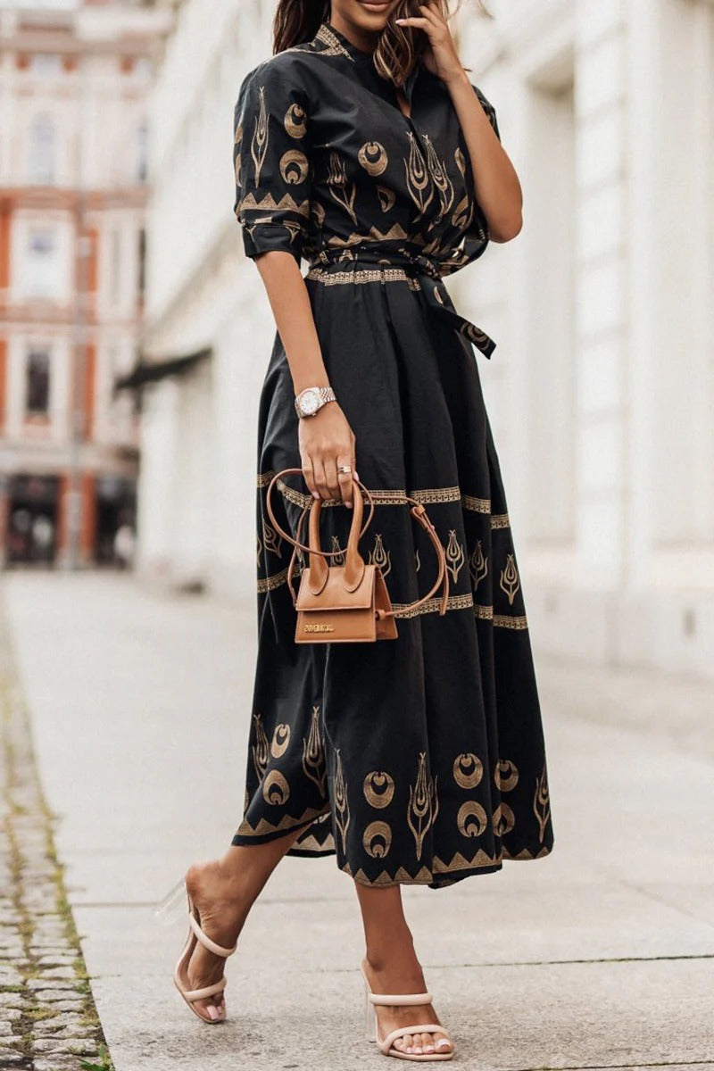 Kayla | Women's Bohemian Print Belted Mid-Length Dress