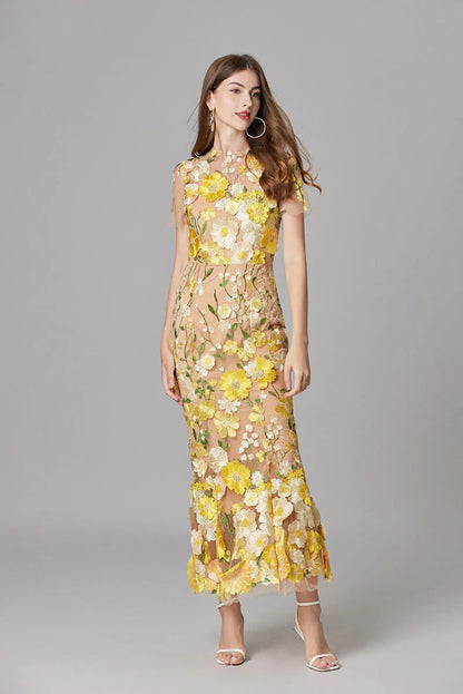 Raelynn | Women's 3D Floral AppliquÃ© Sheer Mesh No-Sleeve Maxi Dress