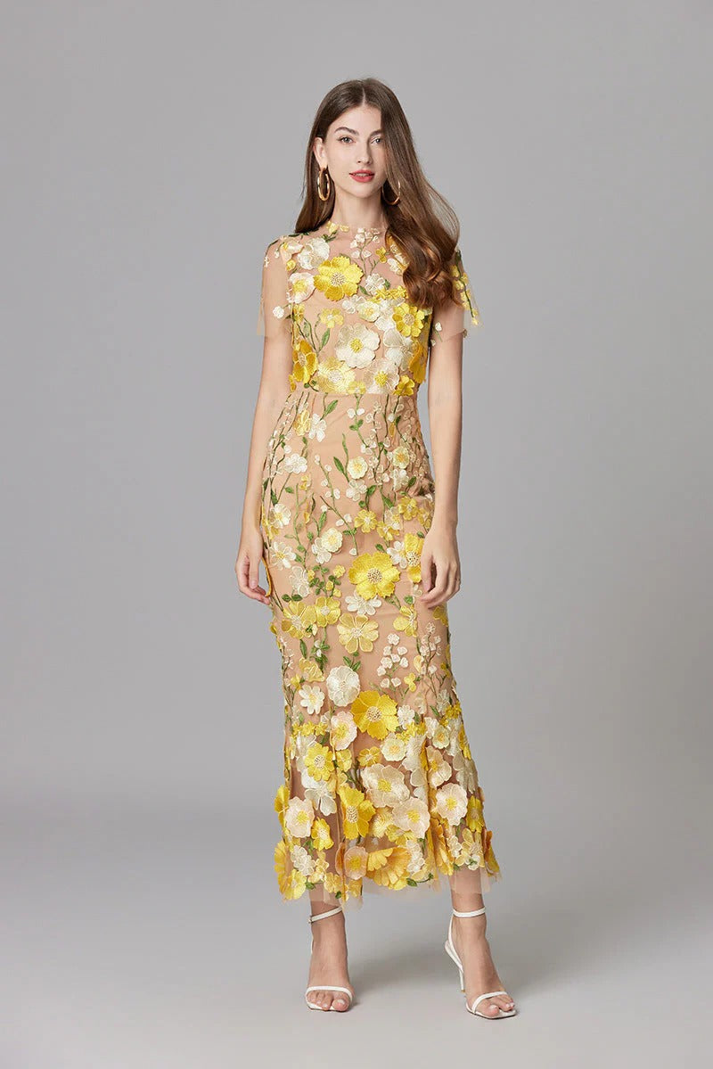 Raelynn | Women's 3D Floral AppliquÃ© Sheer Mesh No-Sleeve Maxi Dress