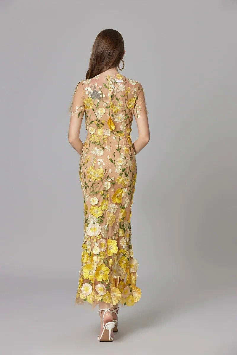 Raelynn | Women's 3D Floral AppliquÃ© Sheer Mesh No-Sleeve Maxi Dress