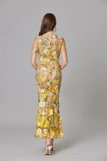 Raelynn | Women's 3D Floral AppliquÃ© Sheer Mesh No-Sleeve Maxi Dress