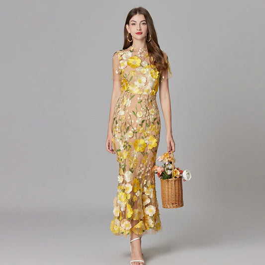 Raelynn | Women's 3D Floral AppliquÃ© Sheer Mesh No-Sleeve Maxi Dress