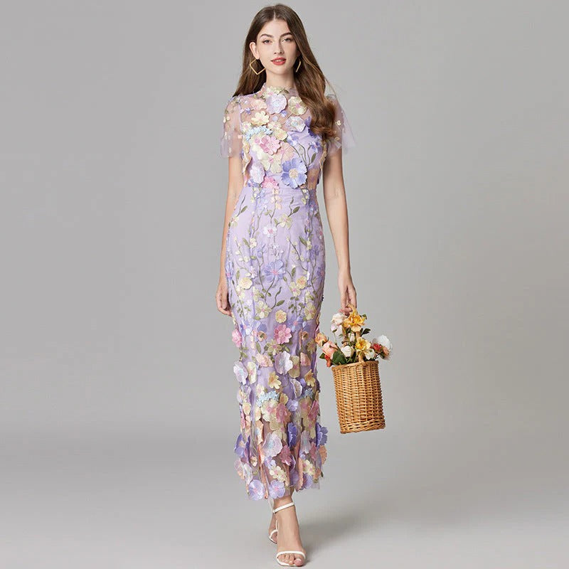 Raelynn | Women's 3D Floral AppliquÃ© Sheer Mesh No-Sleeve Maxi Dress