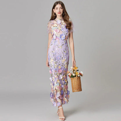 Raelynn | Women's 3D Floral AppliquÃ© Sheer Mesh No-Sleeve Maxi Dress