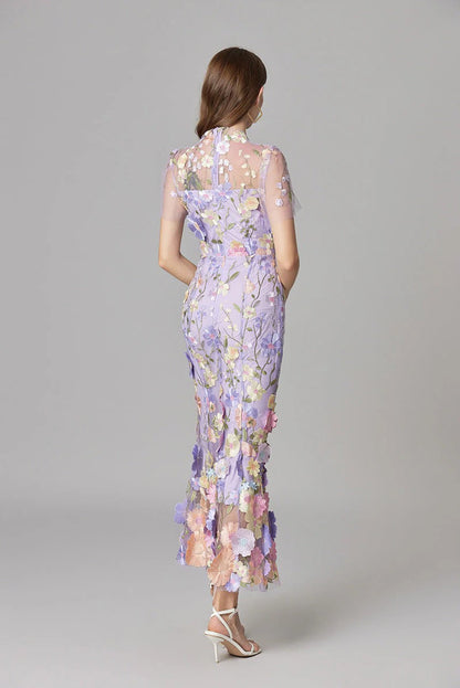 Raelynn | Women's 3D Floral AppliquÃ© Sheer Mesh No-Sleeve Maxi Dress