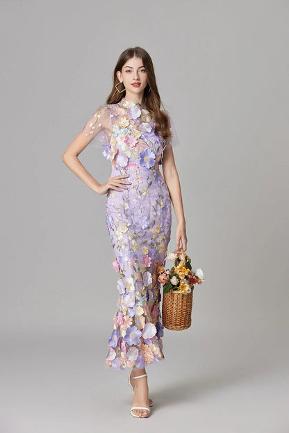 Raelynn | Women's 3D Floral AppliquÃ© Sheer Mesh No-Sleeve Maxi Dress