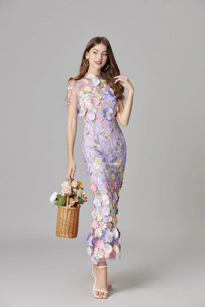 Raelynn | Women's 3D Floral AppliquÃ© Sheer Mesh No-Sleeve Maxi Dress
