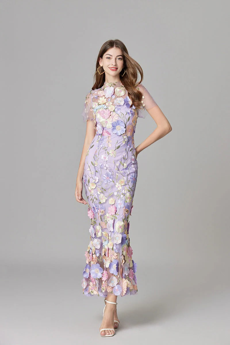 Raelynn | Women's 3D Floral AppliquÃ© Sheer Mesh No-Sleeve Maxi Dress