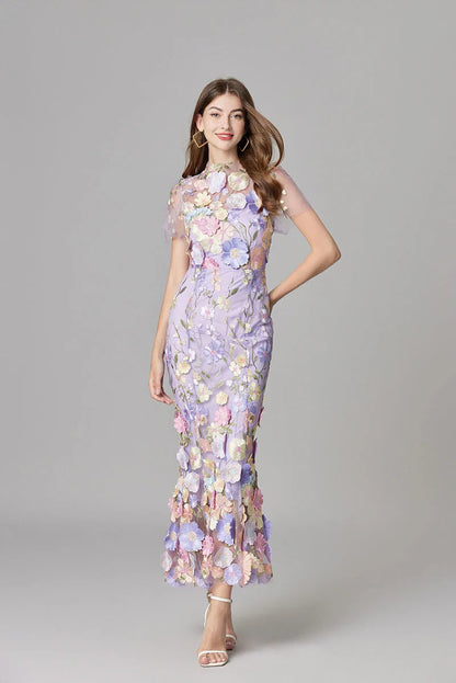 Raelynn | Women's 3D Floral AppliquÃ© Sheer Mesh No-Sleeve Maxi Dress