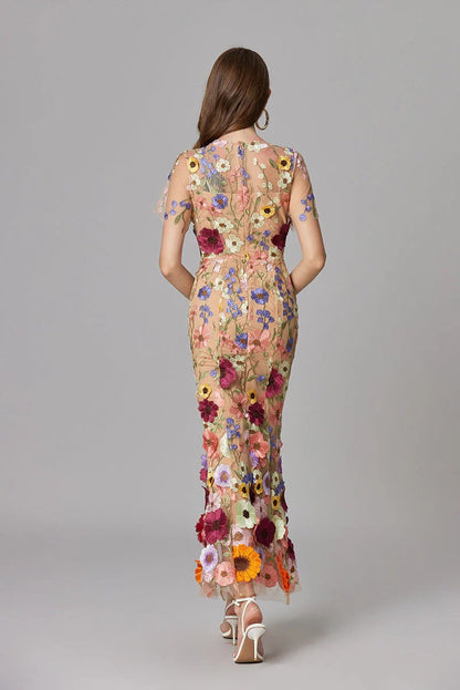 Raelynn | Women's 3D Floral AppliquÃ© Sheer Mesh No-Sleeve Maxi Dress