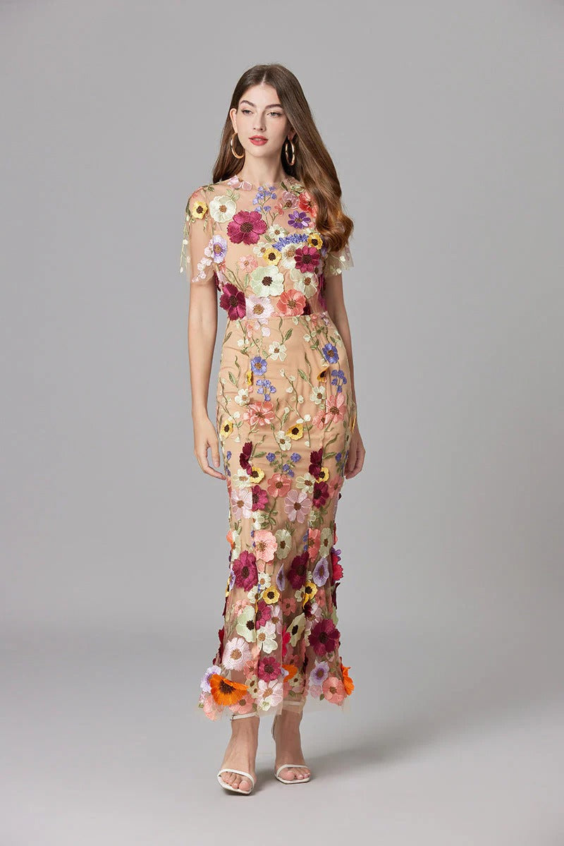 Raelynn | Women's 3D Floral AppliquÃ© Sheer Mesh No-Sleeve Maxi Dress