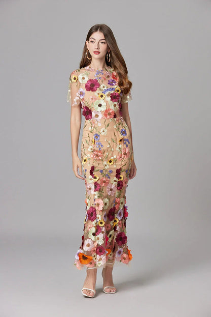 Raelynn | Women's 3D Floral AppliquÃ© Sheer Mesh No-Sleeve Maxi Dress
