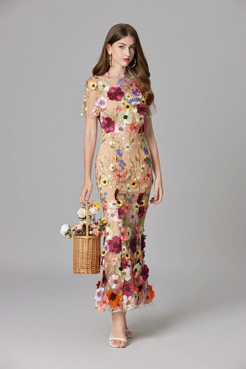 Raelynn | Women's 3D Floral AppliquÃ© Sheer Mesh No-Sleeve Maxi Dress