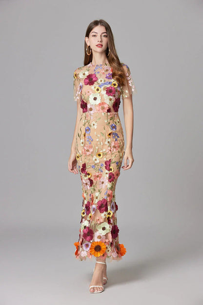 Raelynn | Women's 3D Floral AppliquÃ© Sheer Mesh No-Sleeve Maxi Dress