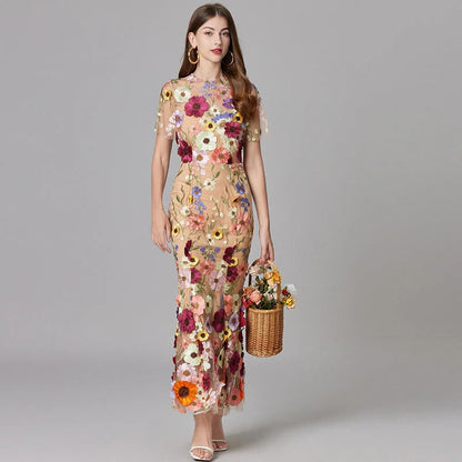 Raelynn | Women's 3D Floral AppliquÃ© Sheer Mesh No-Sleeve Maxi Dress