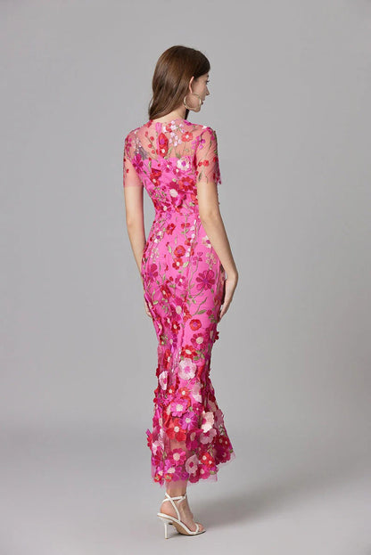 Raelynn | Women's 3D Floral AppliquÃ© Sheer Mesh No-Sleeve Maxi Dress