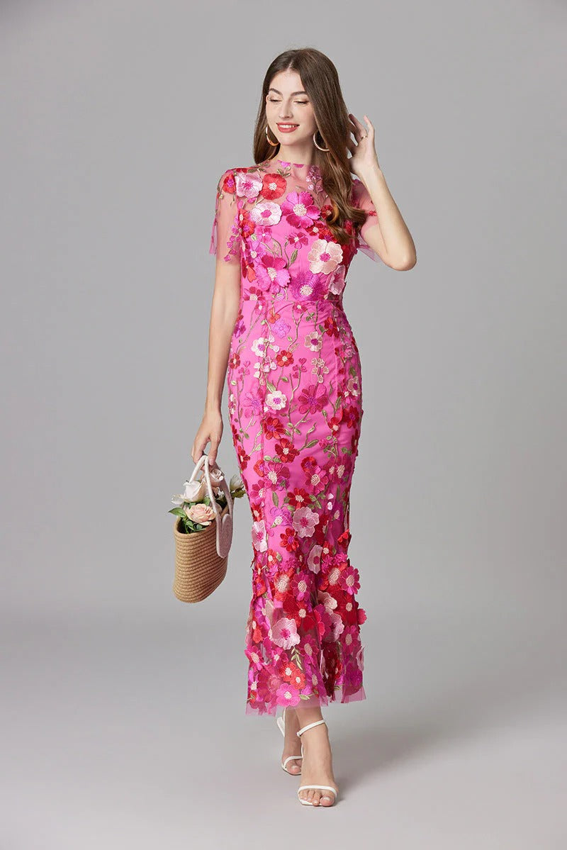 Raelynn | Women's 3D Floral AppliquÃ© Sheer Mesh No-Sleeve Maxi Dress