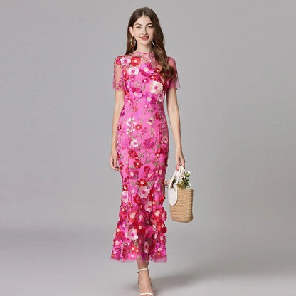 Raelynn | Women's 3D Floral AppliquÃ© Sheer Mesh No-Sleeve Maxi Dress