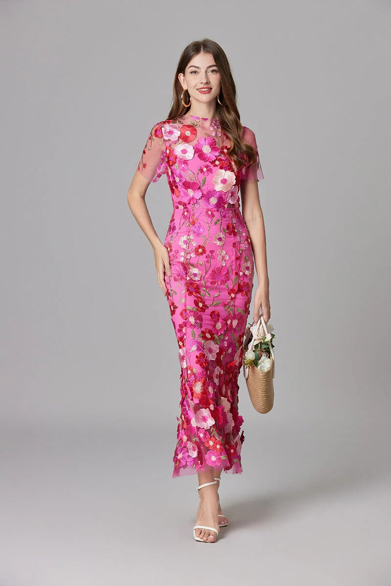 Raelynn | Women's 3D Floral AppliquÃ© Sheer Mesh No-Sleeve Maxi Dress