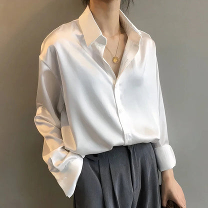 Alexa | Women's Satin Button-Down Blouse Long Sleeve Collar Shirt