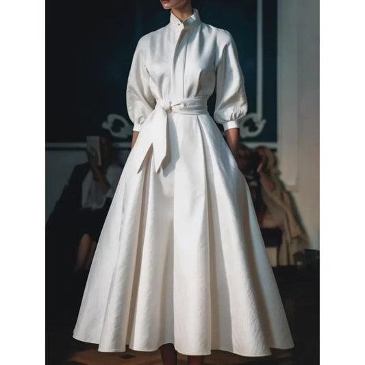 Kinsley | Women's Full Sleeve V-Neck A-Line Mid-Length Dress with Belt