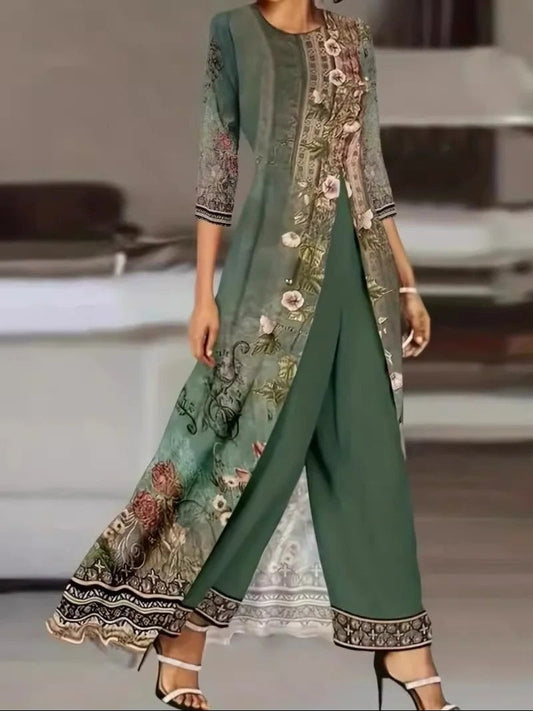Alexis | Women's Botanical Print Two-Piece Set Long Top & Wide Leg Pants