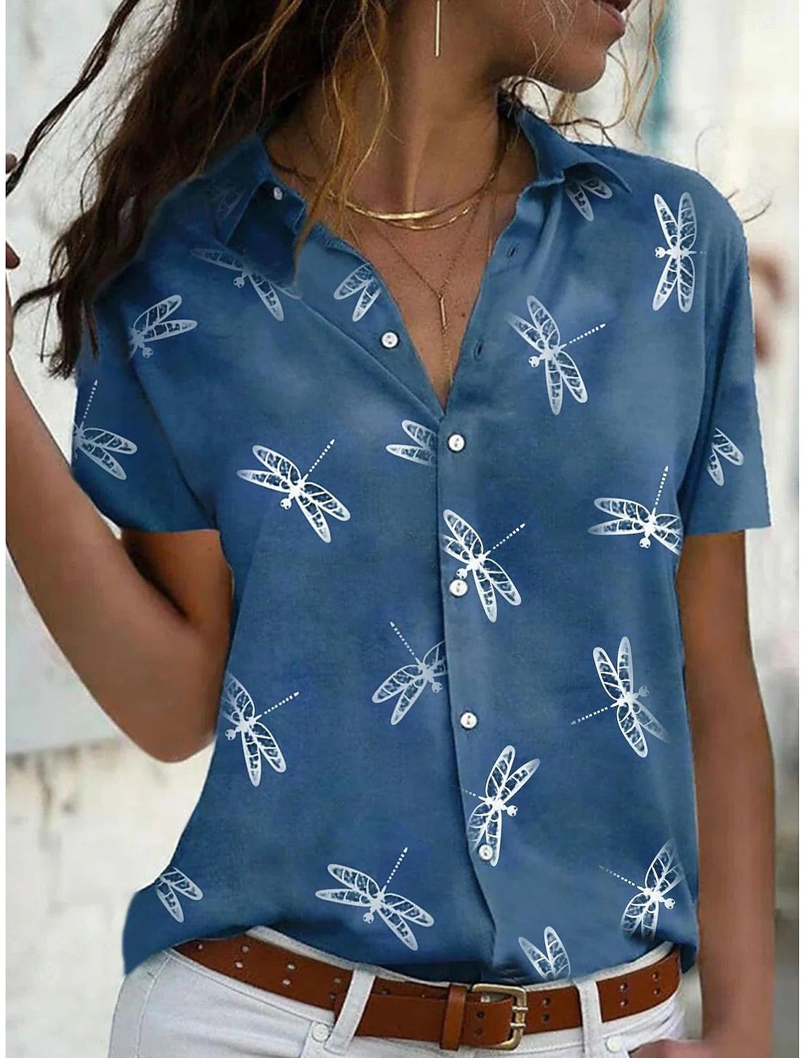 Amanda | Women's Dragonfly Print Short Sleeve Button-Down Shirt Top